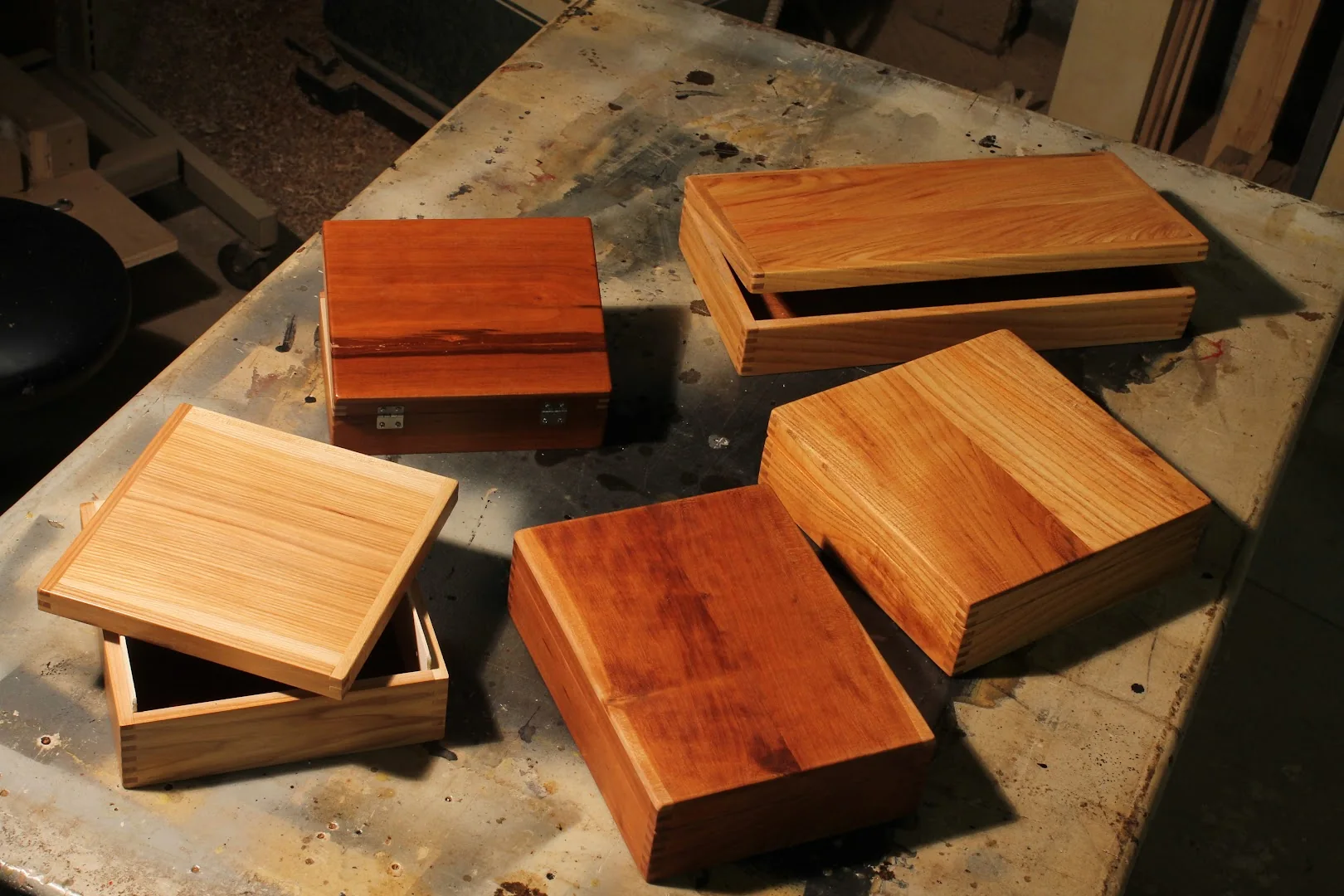 Finished one-off wood objects on a Turner workbench